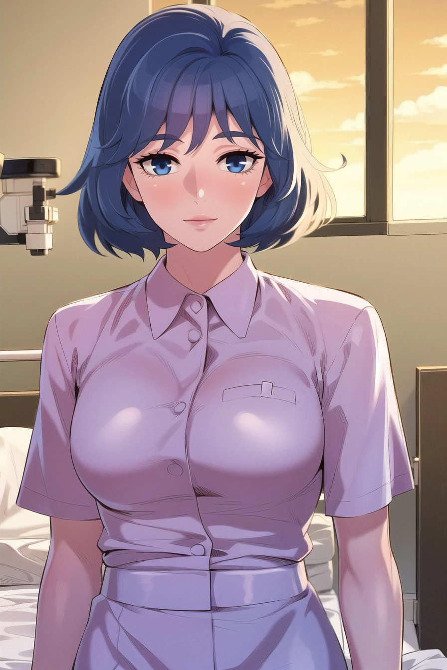 ultra high res,8k, RAW photo, best quality, masterpiece,detailed,looking at viewer,1girl,solo, <lora:gjj_duoxi-000020:0.7>,short hair,blue hair,infirmary, nurse,in hospital, bed