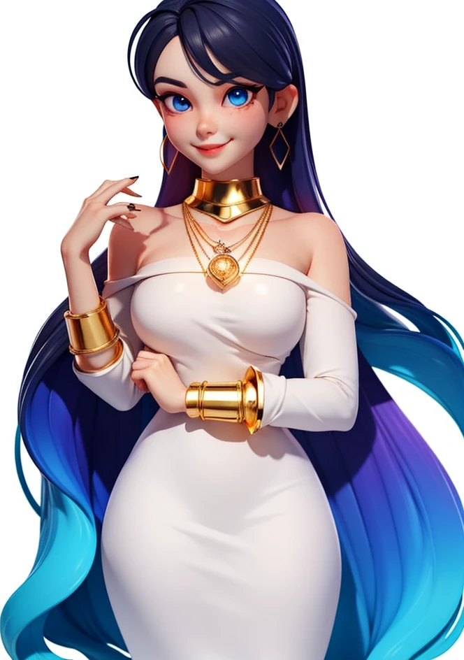 3dcute,1girl toy, masterpiece, best quality, long black hair, Qi bangs,blue eyes,light smile,Neck ring,gradient background,(huge breasts:0.5), white background, Gold jewelry, blue_dress, closed_mouth, bangle, looking_at_viewer, upper_body, necklace, earrings