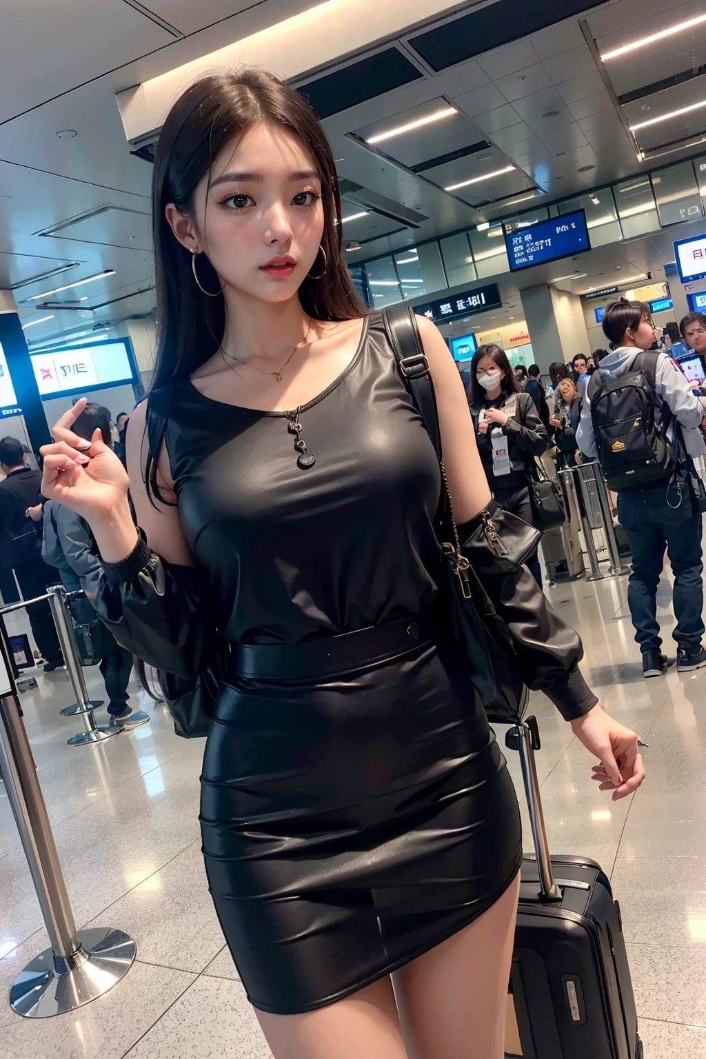 Ray Tracing, realistic, detailed, realistic details, dramatic, 1 girl, 21 years old korean cute girl, (large breasts), (Airport, Runway, Terminal, Boarding pass, Security checkpoint, Baggage claim, Duty-free shop)
