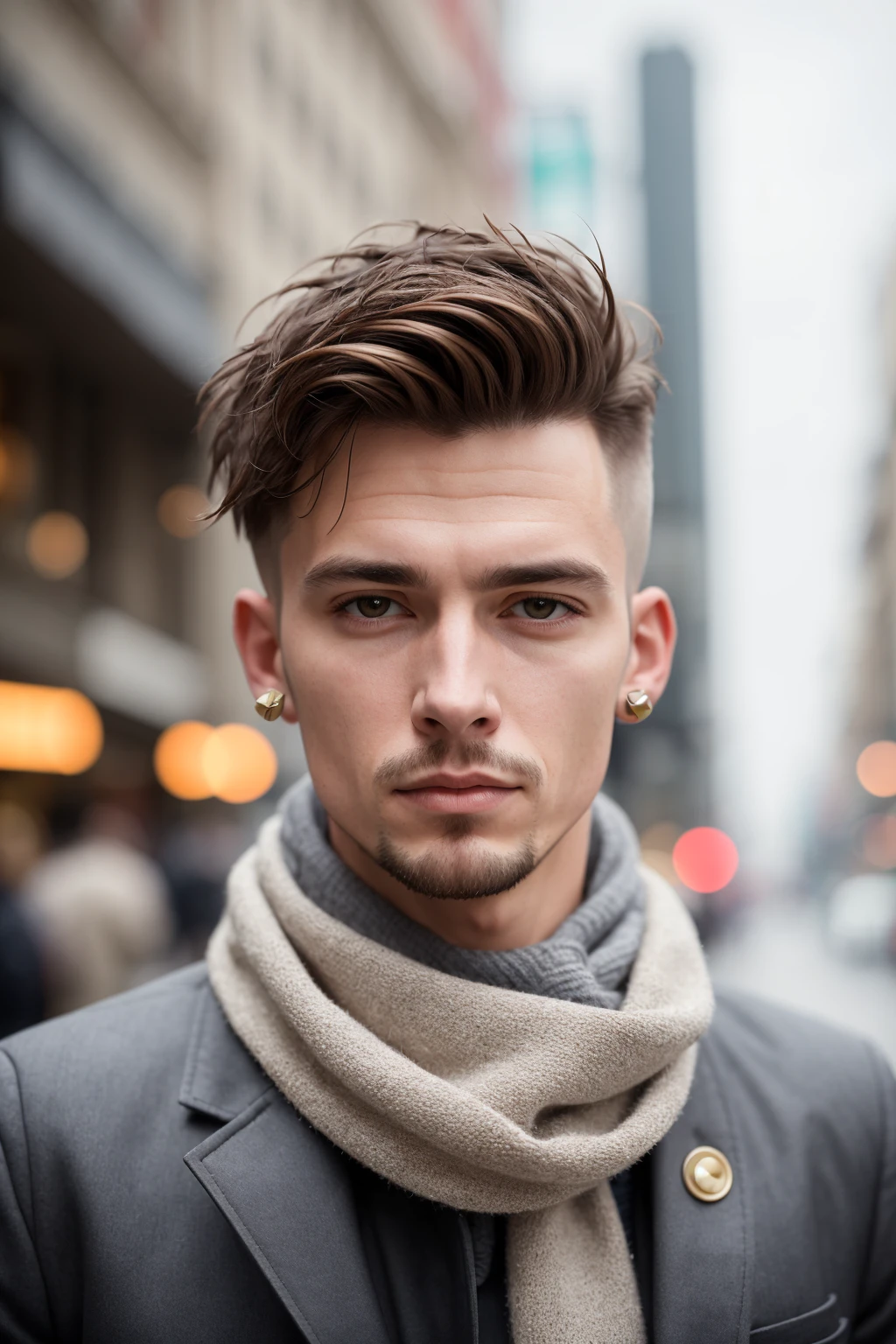 photo of a young man, jacket, ear studs, gray scarf, sweater, short windswept light brown hair, fit, beautiful, (effeminate), (shaved), eyeliner, standing on the walkway, background is a crowded street, bokeh, rain, humid, overcast, artificial lights, detailed face and eyes, higly detailed skin, 8k uhd, sharp focus, professional, best quality