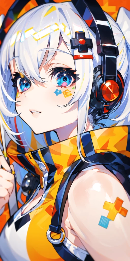 1girl, bangs, bare shoulders, blue eyes, body writing, collarbone, english commentary, eyebrows visible through hair, from side, hair ornament, headphones, headphones around neck, lightning bolt hair ornament, lightning bolt symbol, long hair, looking at viewer, looking to the side, nude, pill hair ornament, portrait, profile, red background, silver hair, simple background, solo, teeth, hair between eyes, parted lips, hairclip, halftone, white hair, album cover, blue hair, english text, multicolored hair, colorful, halftone background, upper body, <lora:mika_locon_v3l:1>