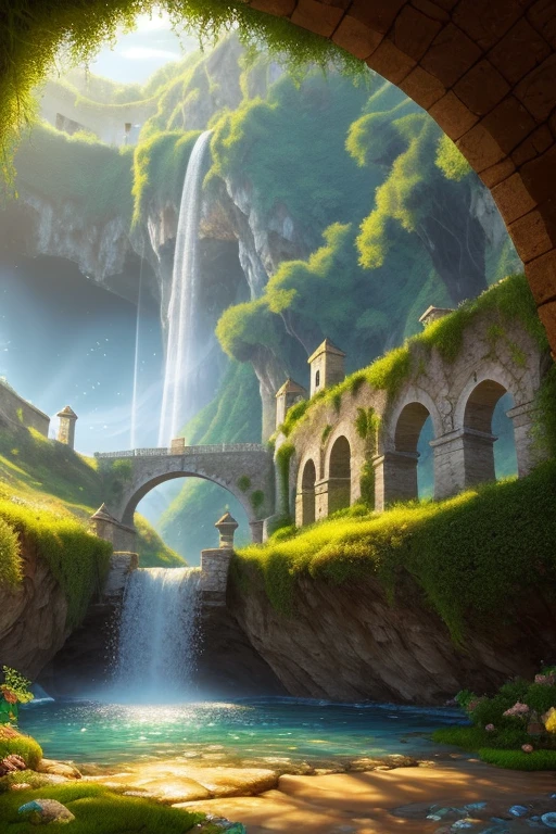 A mesmerizing 32k rendering of mystical plateau under dep sea, old roman aquaduct with flowing water, depth of field, Italian fortress and towers as a background covered with moss and ivy, the river of consacrated and reflected water is located at the foot of the portal , celestial clouds that emit smooth yellow lightning, big leaf, green soft shine nature lights, nature Mediterranean environments, in the art style of Pixar Animation Studio, AAA, Artstation trending, with a perfect composition and golden ratio, highly detailed, dramatic lighting, mist, ambient occlusion, volumetric lighting, glamorous, emotional, hyper detailed illustration and viewed from an isometric top-view angle.