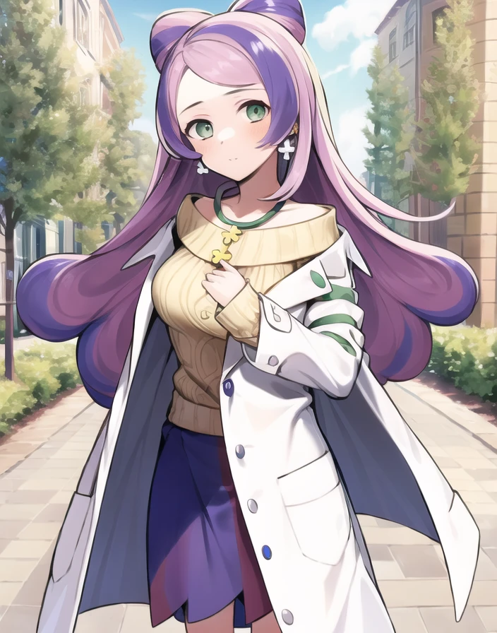 miriam, long hair, purple hair, 1girl, jewelry, green eyes, earrings, coat, looking at viewer, sweater, open coat, solo, skirt, white coat, open clothes, multicolored hair, smile