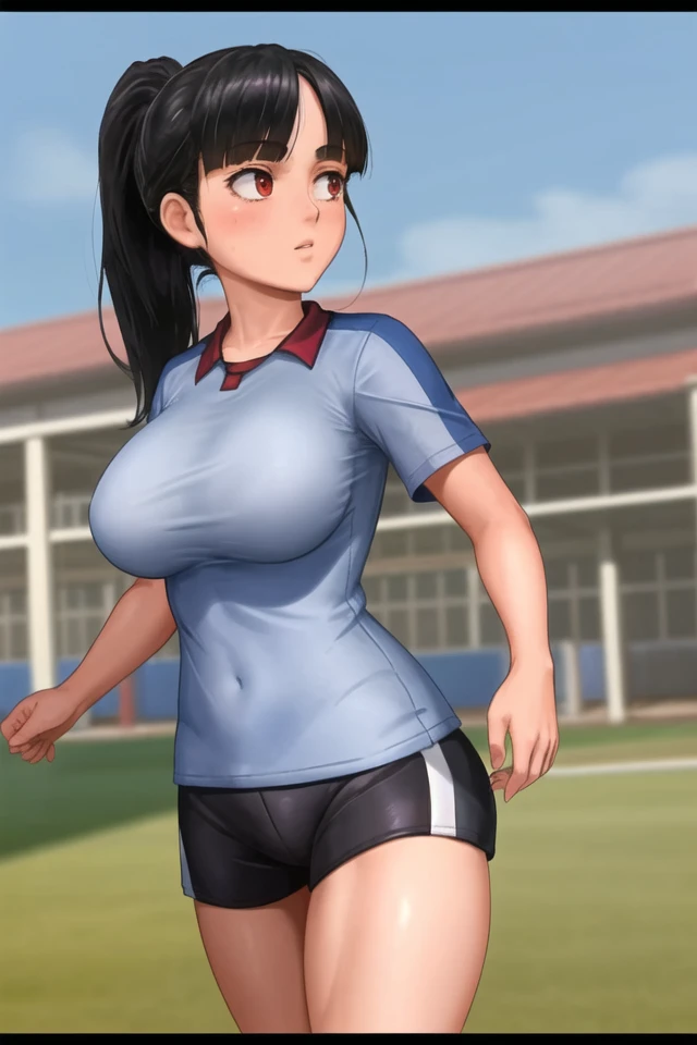 <lora:taffy_tales:.6>, taffy tales, masterpiece, best quality, 1girl, solo, ponytail, soccer uniform, shorts, shirt, white shirt, black shorts, breasts, black hair, red eyes, diagonal bangs, bangs, outdoors, cowboy shot, long hair, large breasts, breasts, toned,