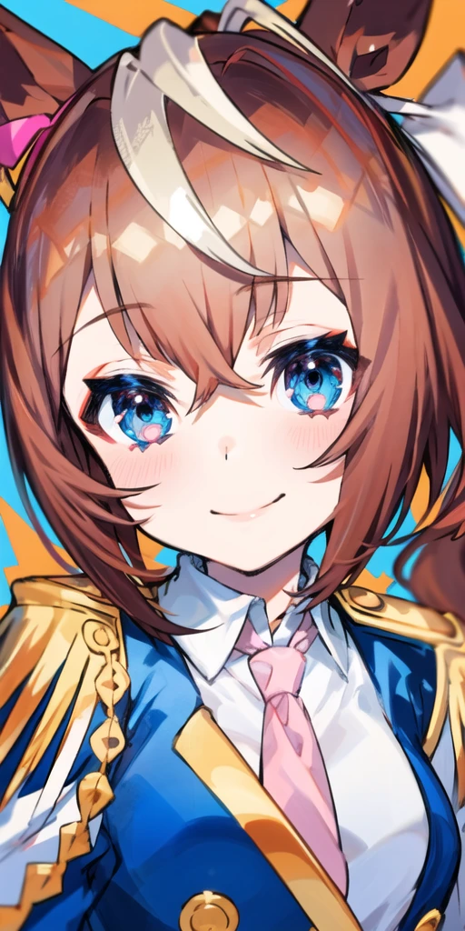 tokai teio (umamusume), 1girl, animal ears, ascot, blue eyes, blush, brown hair, closed mouth, collared shirt, epaulettes, horse ears, long hair, looking at viewer, multicolored hair, pink ascot, ponytail, shirt, smile, solo, streaked hair, upper body, wing collar, white hair, horse girl, two-tone hair, hair between eyes, jacket, bangs, v-shaped eyebrows, single epaulette, ribbon, hair ribbon, white jacket, high ponytail, colorful, multicolored background, <lora:mika_locon_v3l:1>
