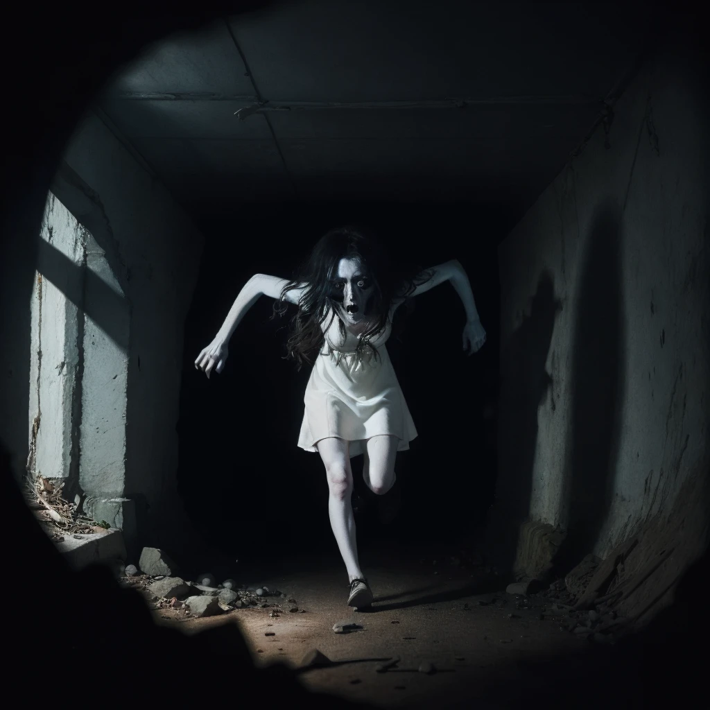 horror art, dread, Best quality, masterpiece, ultra high res, (photorealistic:1.4), Action shot of terrifying ghost chasing after the viewer, dynamic running, in a decrepit underground tunnel in Hell, creepy, white dress, unnerving, unsettling, terrifying, 80mm, horror lighting, dynamic action <lora:kayako:0.8:KEEPCHAR>