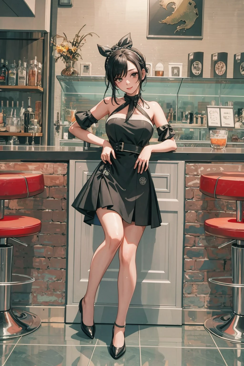 (masterpiece, best_quality:1.2), 1girl, solo, (seaweed barista:1.1), (at a moist bar:1.1)(full body:1.4), nice hands, black hair with crimson highlights, ahoge,drill hair, [:creative, revealing costume design:0.2]<lora:GoodHands-beta1:1>