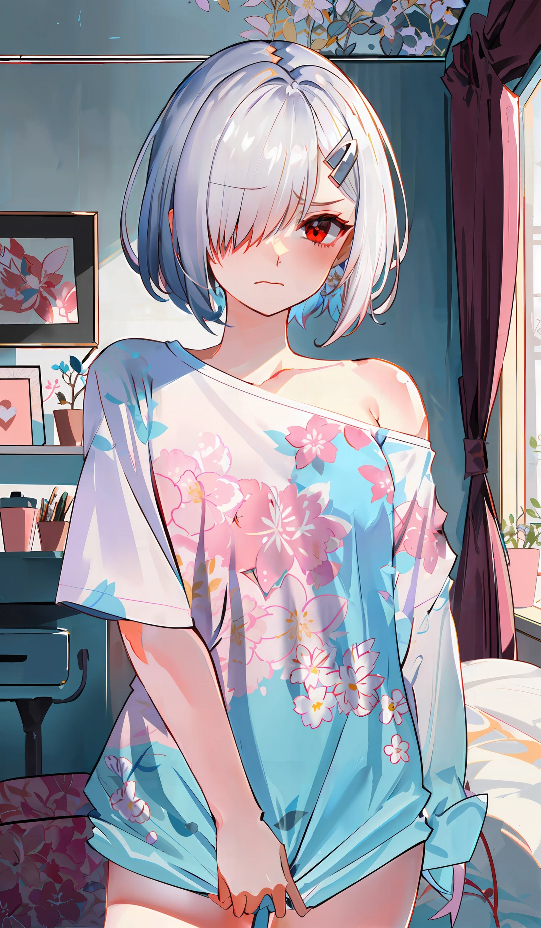 ((masterpiece,best quality)),, <lora:aerinNSX:1:MIDD>,aerin, beautiful detailed eyes,red eyes,white hair,silver hair,short hair,bangs, hairclip,[(hair over one eye:1.1)::15],[(pink eyes:1.2):15],[(eyes visible through hair:1.0):15], (large breasts:0.5),<lora:shirtTugPoseLORA_shirtTug:1>,shirt,naked shirt,shirt tug, floral print, off shoulder, bedroom, indoors, blush, light frown,unhappy,