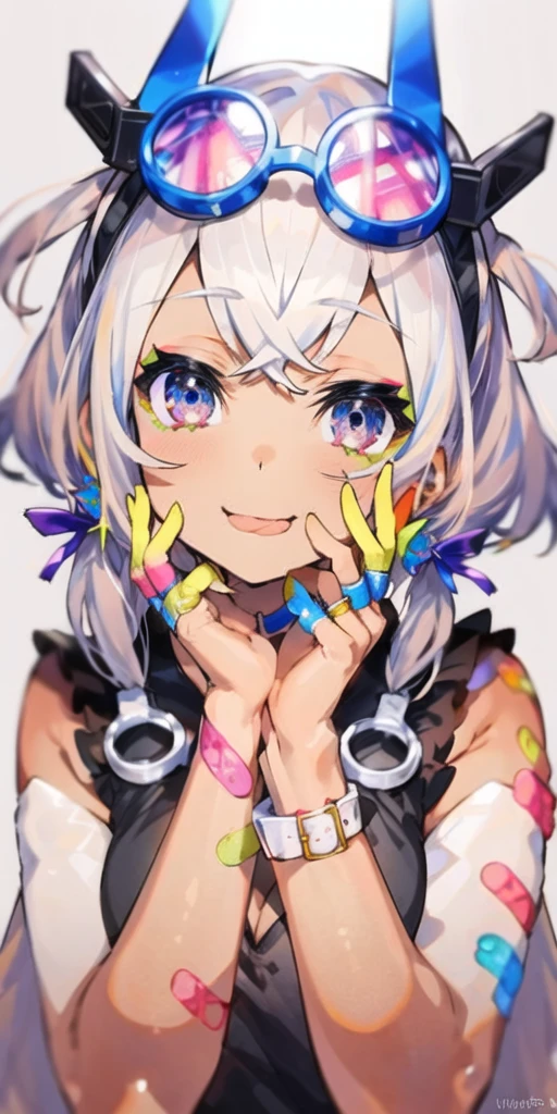1girl, :p, bandaid, bandaid on nose, bangs, blue background, blurry, dark-skinned female, dark skin, depth of field, eyewear on head, face, gloves, hands on own face, round eyewear, silver hair, simple background, solo, tongue, tongue out, violet eyes, white gloves, white hair, looking at viewer, ring, purple eyes, bandaid on face, jewelry, long hair, tinted eyewear, braid, hair ornament, pink-tinted eyewear, piercing, heart, bandaid on arm, sunglasses, smile, frills, twin braids, upper body, closed mouth, halftone, colorful, <lora:mika_locon_v3l:1>