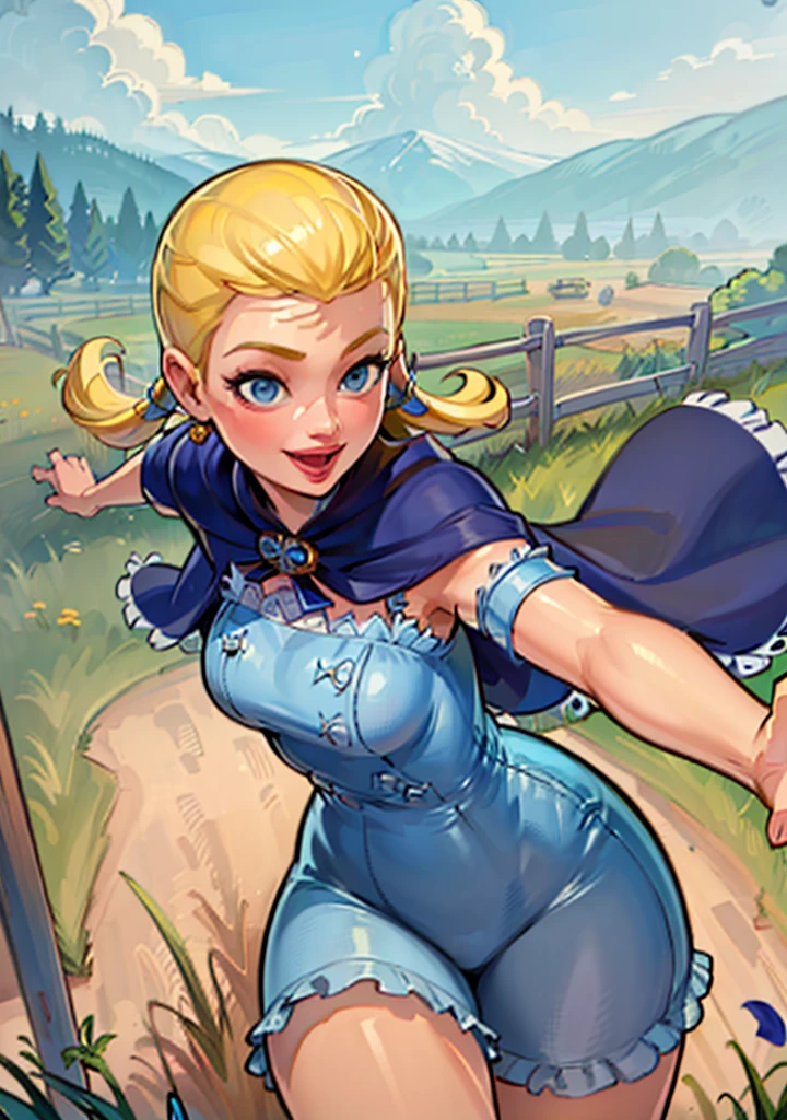 (BoPeepWaifu:1), smile, cute, cute pose, looking at viewer, thick thighs, :D, (blue dress, cape:1.2), 
(realistic:1.2), (realism), (masterpiece:1.2), (best quality), (ultra detailed), (8k, 4k, intricate),(full-body-shot:1),(Cowboy-shot:1.2), (85mm),light particles, lighting, (highly detailed:1.2),(detailed face:1.2), (gradients), sfw, colorful,(detailed eyes:1.2),
(detailed ladscape, farm, fence, plants, flowers:1.2),(detailed background),detailed landscape, (dynamic angle:1.2), (dynamic pose:1.2), (rule of third_composition:1.3), (Line of action:1.2), wide shot, daylight, solo,
 <lora:BoPeep_character-20:0.6>  <lora:reiqStyleLORA_v2:0.6>