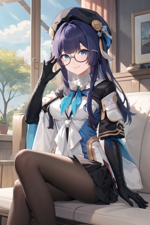 ((masterpiece, best quality)), very detailed,1girl,smile,sitting,indoors,medium breasts,bow breasts, beret, pela, honkai star rail, black_gloves, black_headwear, black_legwear, blue_eyes, dress, glasses, gloves, hat, long_hair, looking_at_viewer, pantyhose, red-framed_eyewear, semi-rimless_eyewear, solo, under-rim_eyewear <lora:pela-15:0.7>