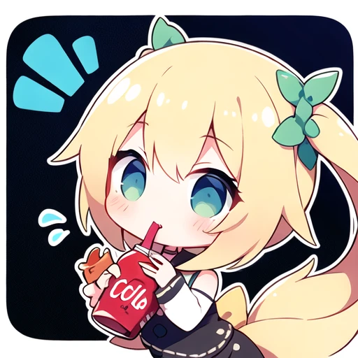 1girl, chibi,cola,hugging cola,hand,drinking,waving