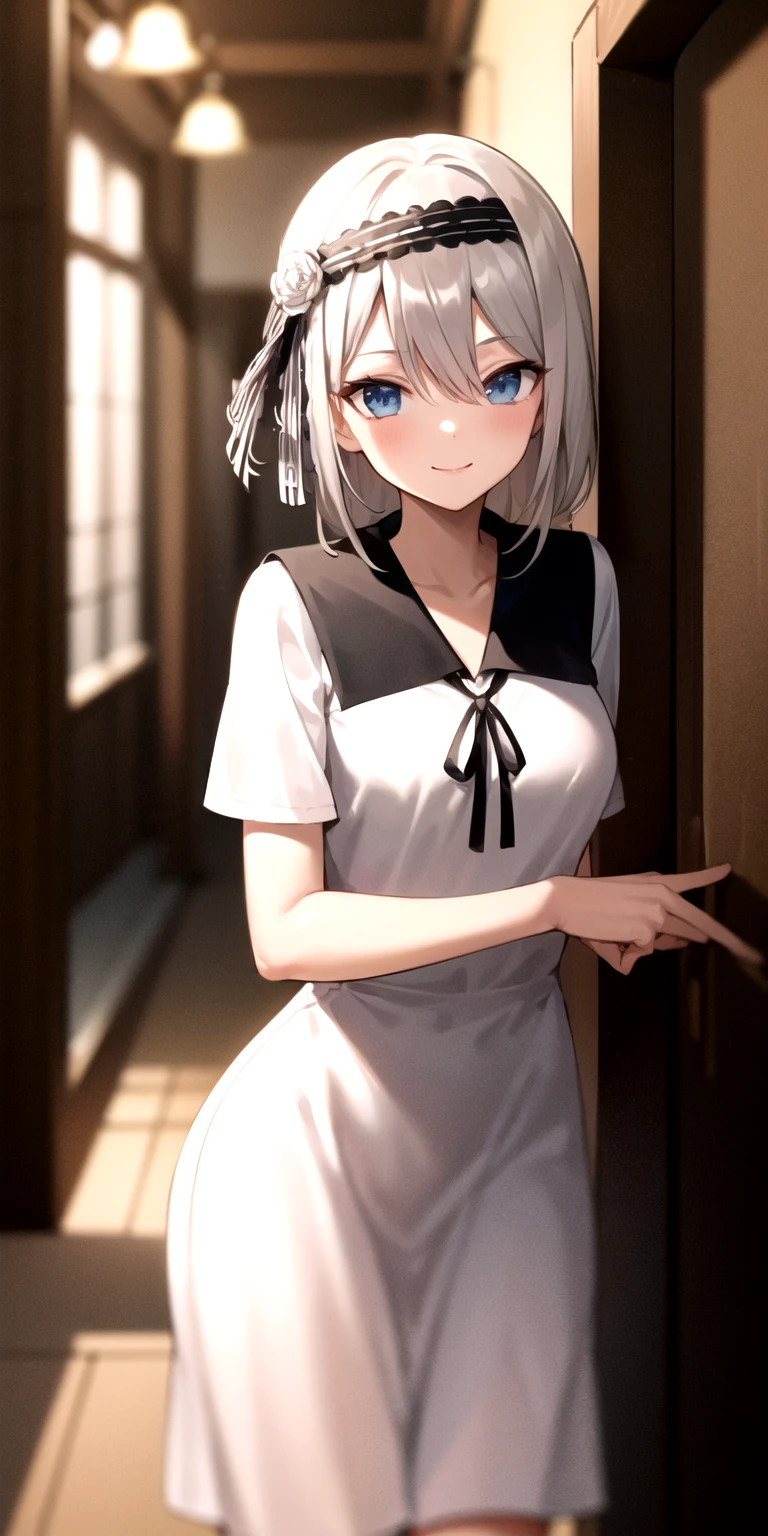 2d, masterpiece, best quality, anime, highly detailed, cowboy shot, 1girl, solo, shirogane kei, grey hair, white dress, black sailor collar, black hairband, black ribbon, standing, indoors, hallway, smile<lyco:loveiswar-10:1>