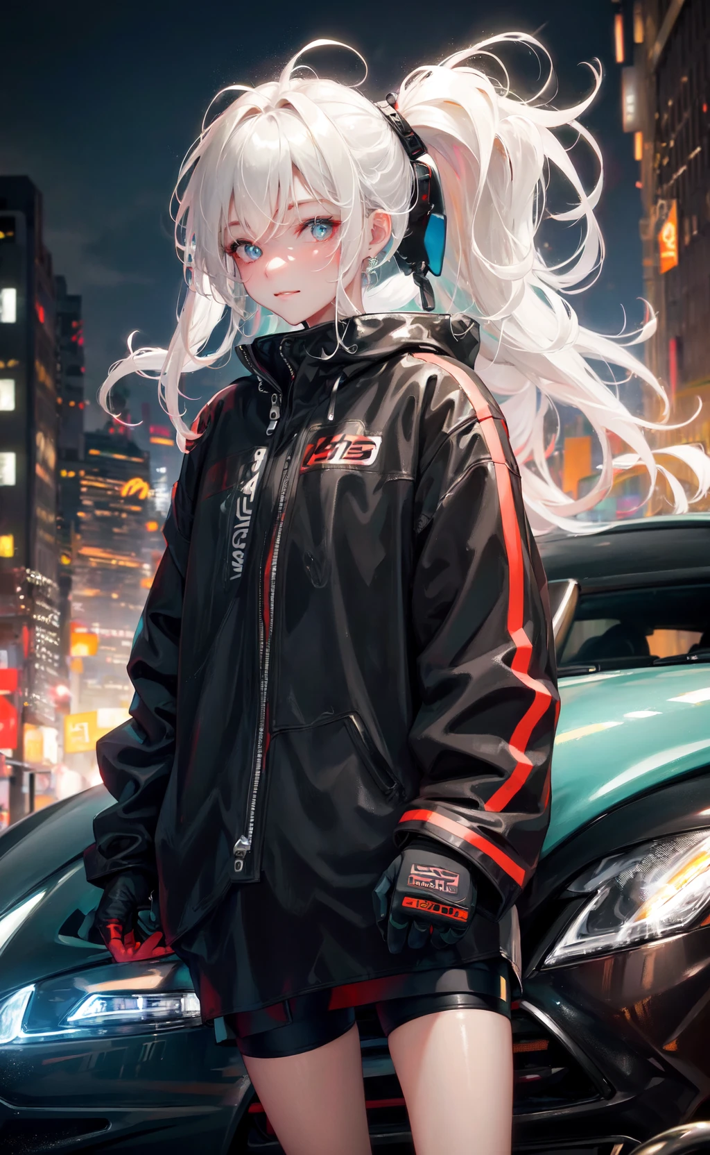 masterpiece, best quality, leaning against car, underground street racing, oversized racing jacket, racing gloves, oversized clothes, night, glow, glowing, close-up, smug, (smile:0.8)