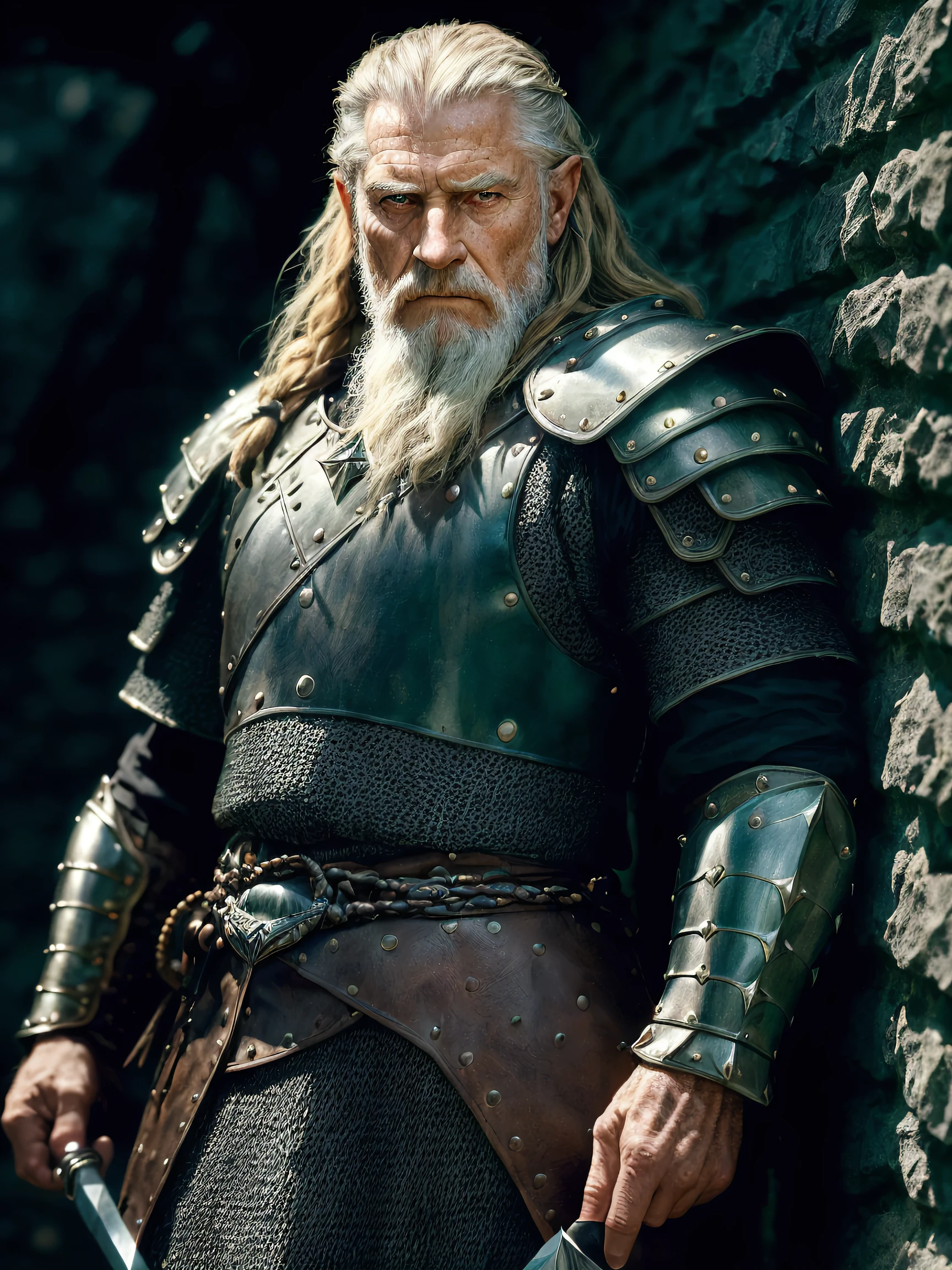 (Highest quality:1.3), cinematic shot, masterpiece, (sharp focus:1.5), (photorealistic:1.3),  medium portrait of (a weary-looking but still proud and fierce-looking old Viking warrior, now the leader of his village, dressed in elaborately detailed chain mail and leather armour, a few torches burn on the walls, giving the scene a dark atmosphere but sculpting the forms in sharp chiaroscuro), it is night time, (highly detailed skin),  (detailed face), detailed background, dark lighting, twilight lighting, volumetric lighting,  intricate details, UHD,  <lora:epiNoiseoffset_v2:1.5>