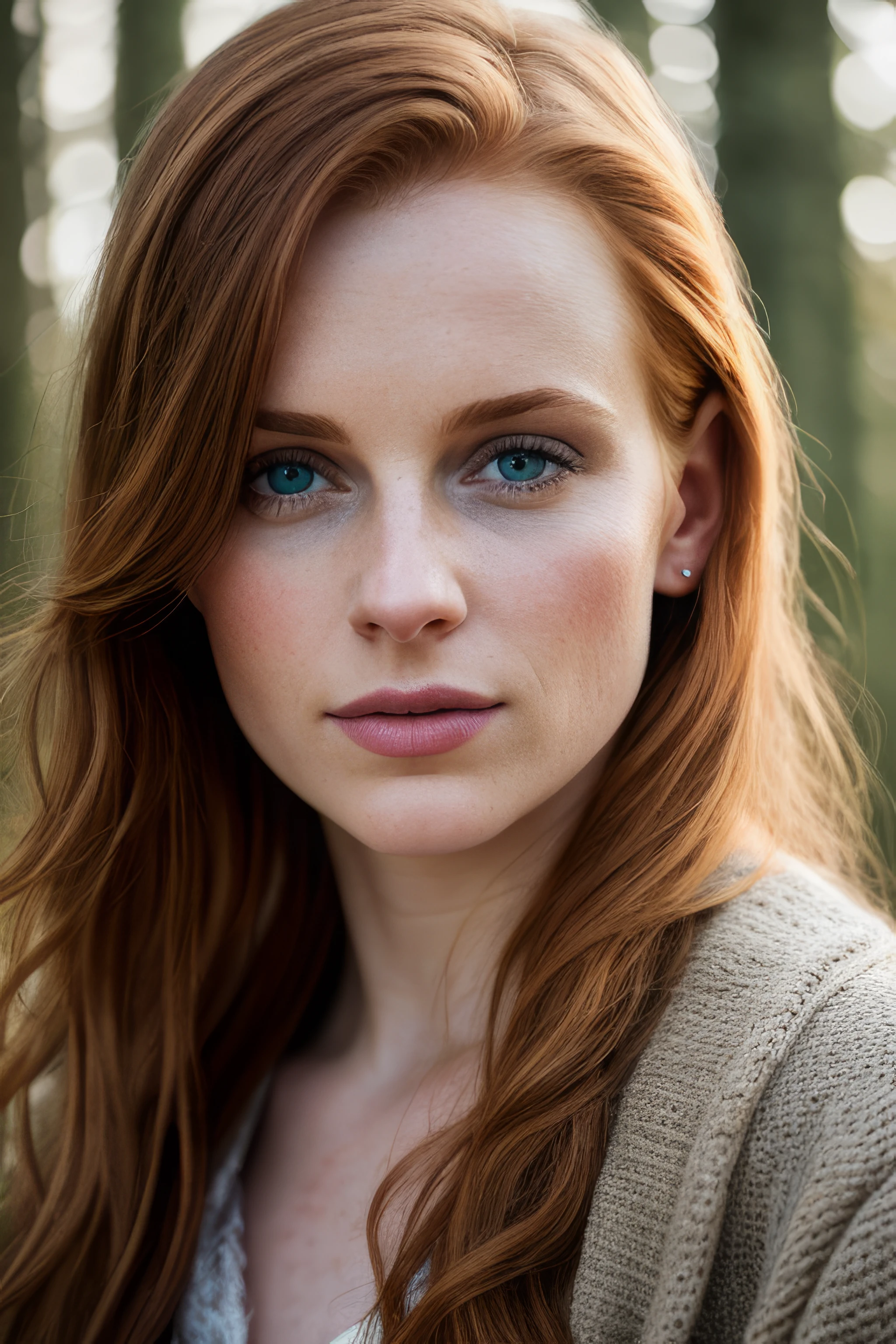 close up of a european woman, ginger hair, winter forest, natural skin texture, 24mm, 4k textures, soft cinematic light, RAW photo, photorealism, photorealistic, intricate, elegant, highly detailed, sharp focus, ((((cinematic look)))), soothing tones, insane details, intricate details, hyperdetailed, low contrast, soft cinematic light, dim colors, exposure blend, hdr, faded