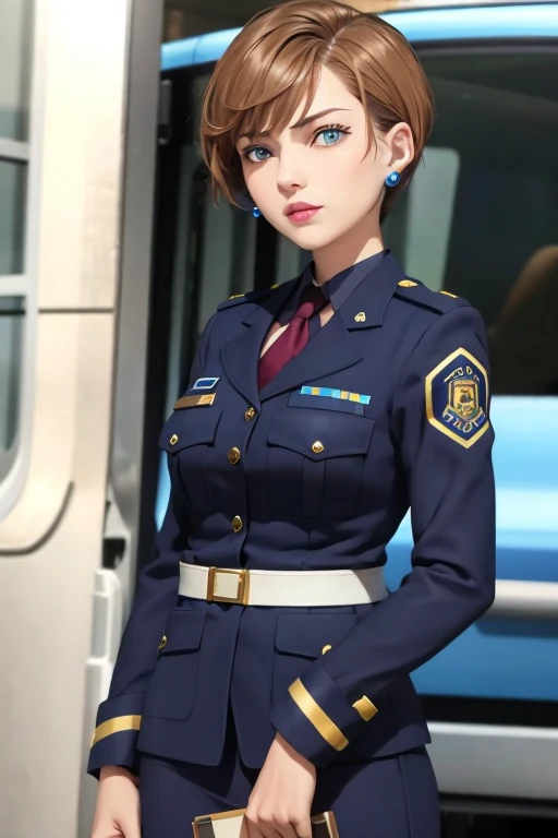 masterpiece, best quality, ultra high res, (photorealistic:1.8), unreal_engine, photograph, realistic_skin_texture, <lora:topaz-officer-v1:0.65>, cowboy shot, 1girl, solo, sxtopaz, short hair, brown hair, blue eyes, earrings, police uniform, rifle