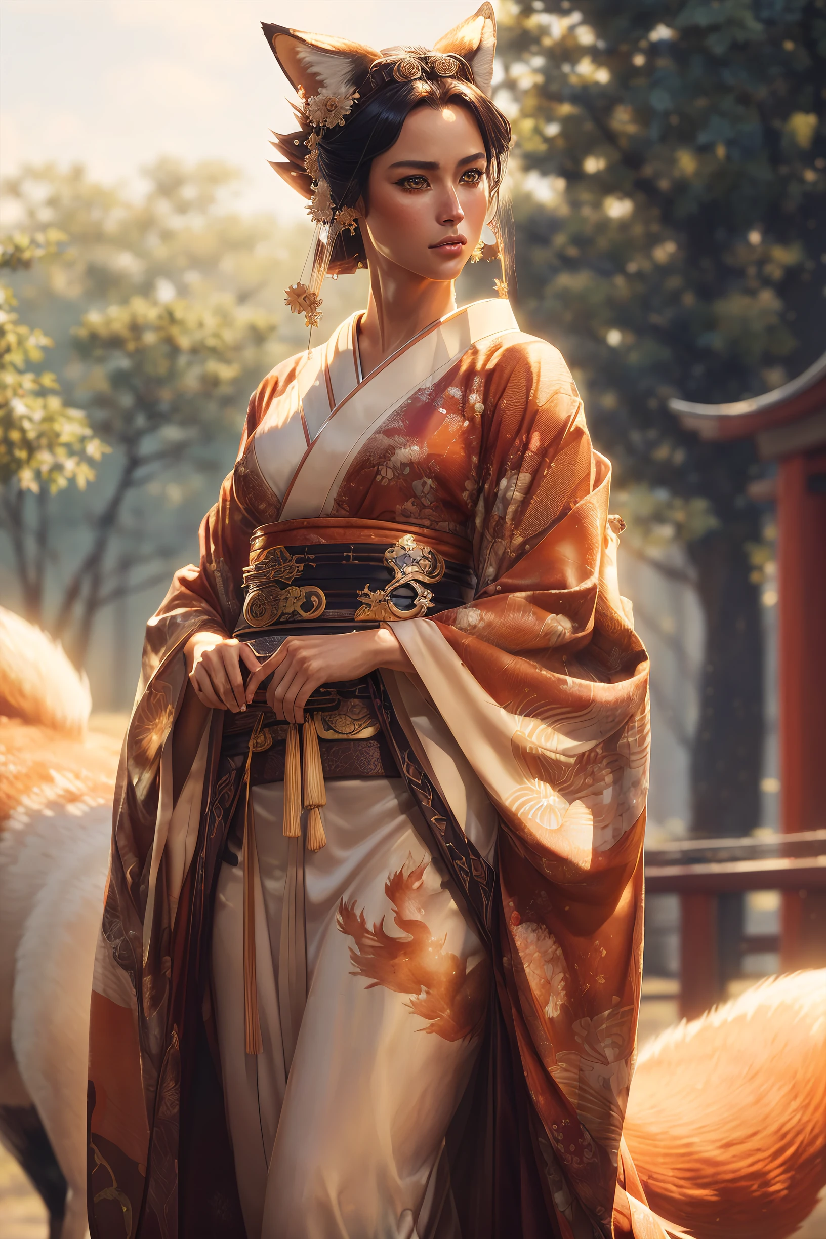 a (photorealistic), (dramatic), (fantasy render), concept art, (cowboy shot), of a (beautiful female), (queen of the kitsune), fox ears:0.3, wearing a (classical japanese kimono), (small tail), by wlop, artgerm, greg rutkowski, award winning, masterwork, masterpiece, (((looking away))),