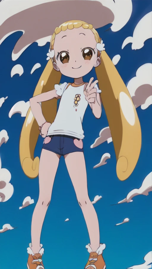 (masterpiece), best quality, (cel anime), highest quality, ((high detail:1.2)), (HDR), (cinematic light:1.1), highres, (fingers 5 fingers),(little girl), (ultimate cute girl), (makihatayama_hana), 1girl, solo, (full body), blonde hair, long hair, hair intakes, brown eyes, dot nose, (hanacasual:1.5), (model pose), shade, anime keyvisual,(smile),<lora:hana_makihatayama_v2:0.8>,blue sky, park