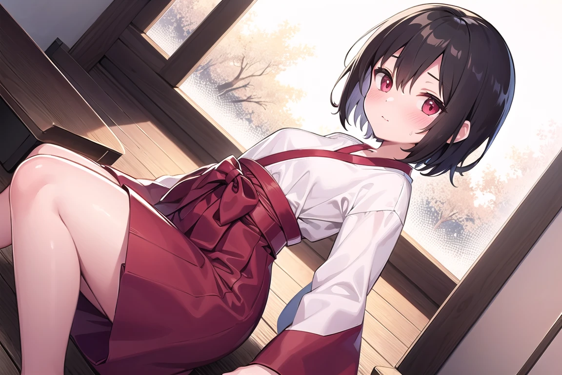 masterpiece, best quality, extremely detailed, detailed background, 1girl, cute, small breasts, black hair, short hair, hakama, dojo, wooden floor, sweatdrop, blush,