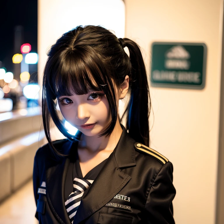 chunmomo, 1girl, solo, realistic, smile, looking at viewer, blurry, black eyes, black hair, bangs, long hair, day, blunt bangs, hair ornament, cityscape, night,<lora:chunmmfb_v2.1:0.8>, school uniform, corset