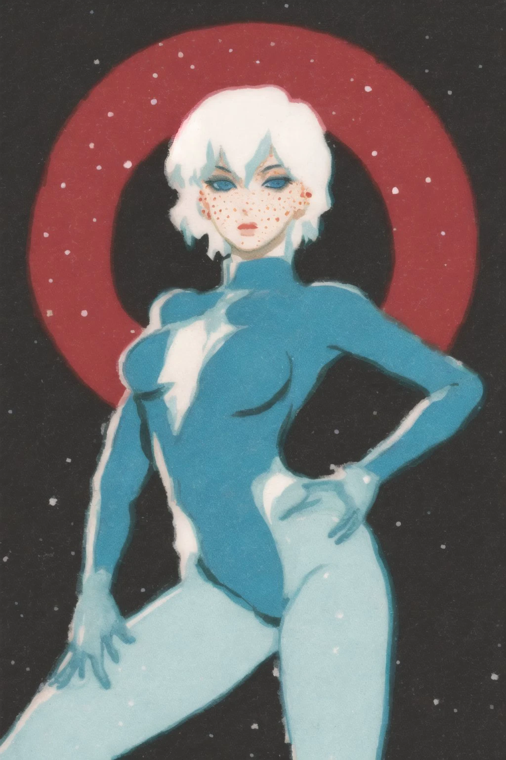 <lora:soviet_matchbox_art_text_free_v2:1.0> , 
 soviet_matchbox_art, stamp,  halftone, 1girl, artist name, blue eyes, bodysuit, covered navel, endlesscomics, freckles, gloves, highres, ice, ice \(dc comics\), patreon logo, patreon username, snowing, solo, tora olafsdotter, watermark, web address, white hair