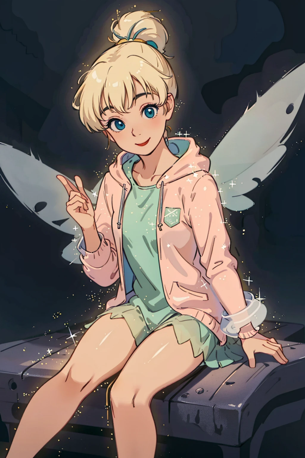 (masterpiece, best quality, high resolution:1.4), tinker bell,  <lora:TinkerBell_v1:1>, hoodie, sitting on a couch, (fairy wings:1.1), looking at viewer, smile