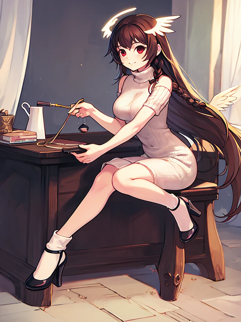 masterpiece, best quality, 1girl, solo, brown hair, braid, white fantasy dress, high heels, halo, wings, sitting, knitting a sweater, <lora:SeeDark_Style_V9-000006:1.0>,