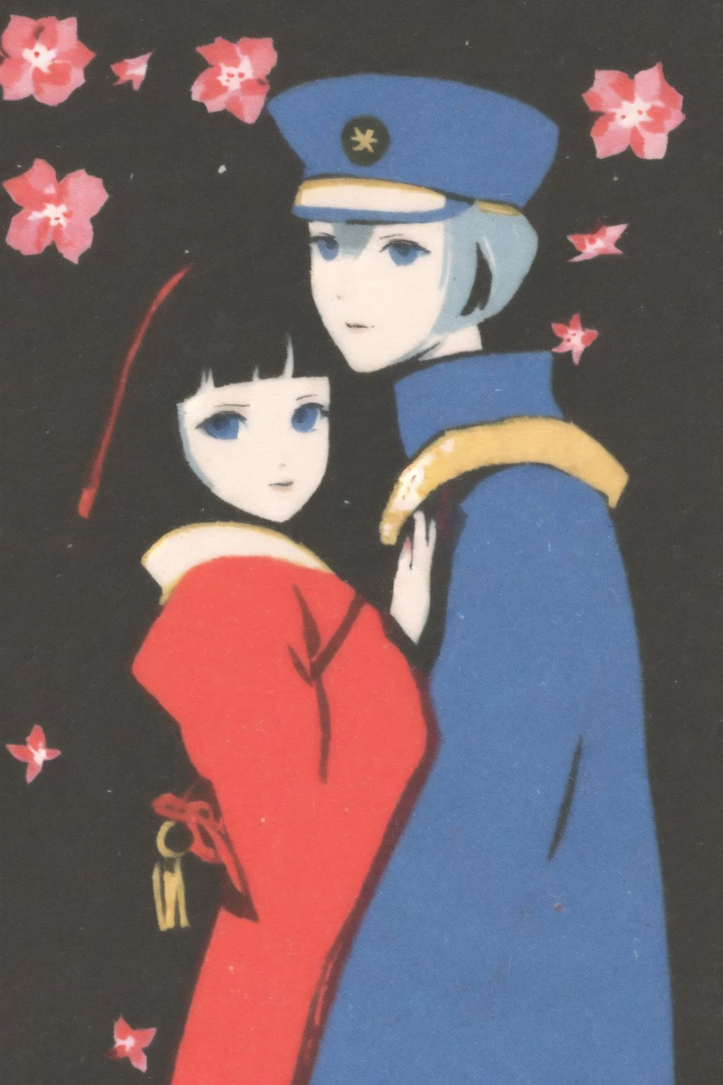 <lora:soviet_matchbox_art_text_free_v2:1.0> ,
soviet_matchbox_art, stamp, halftone, blue eyes, blue hair, blush, bow, coat, couple, hair bow, japanese clothes, kimono, long hair, military, military uniform, petals, uniform, yellow eyes