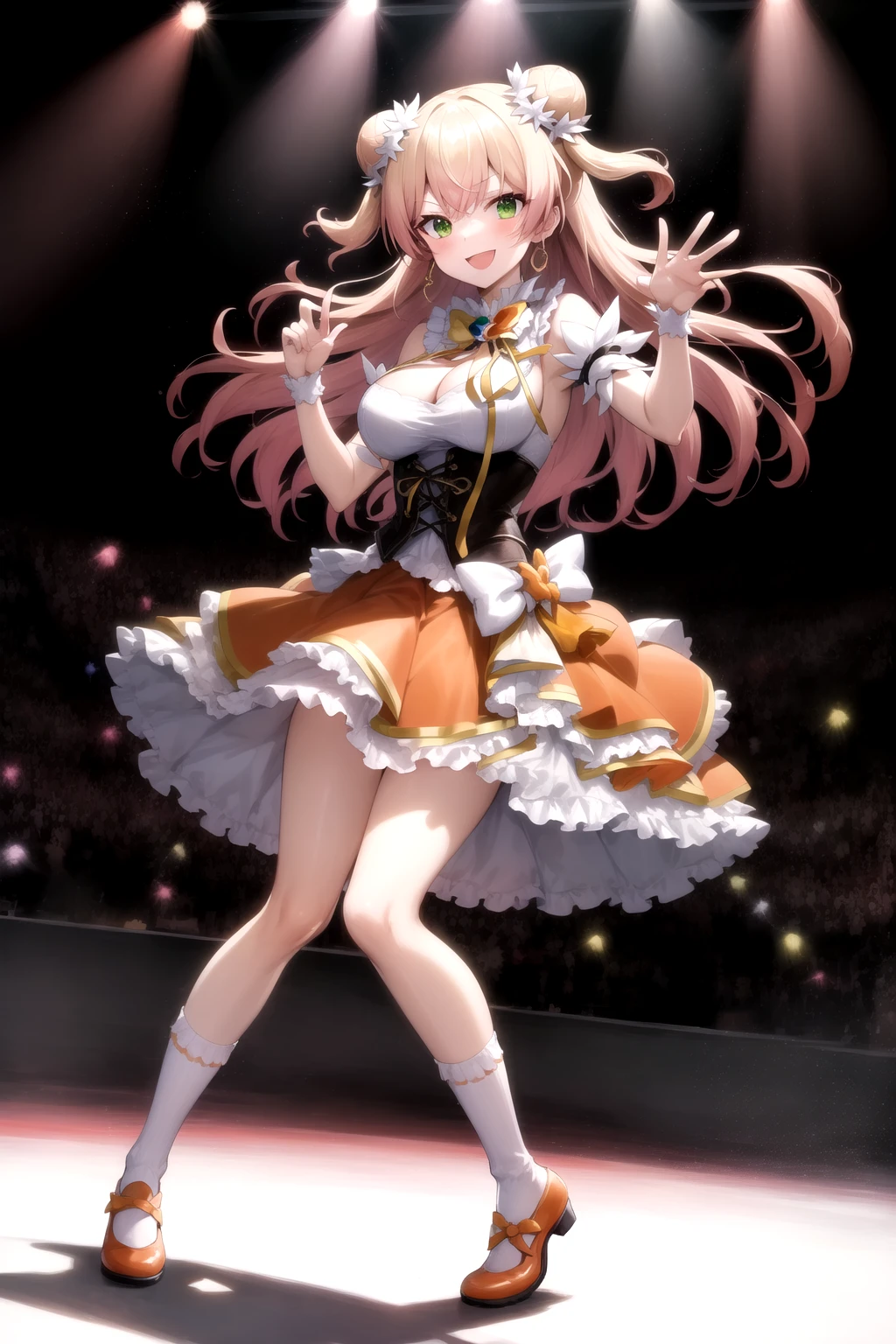 2d, masterpiece, best quality, anime, highly detailed face, highly detailed eyes, highly detailed background, perfect lighting, full body, 1girl, solo, (momosuzu nene), green eyes, double bun, two side up, corset, cleavage cutout, orange skirt, layered skirt, multicolored bow, white socks, dynamic pose, smile, stage, stage lights