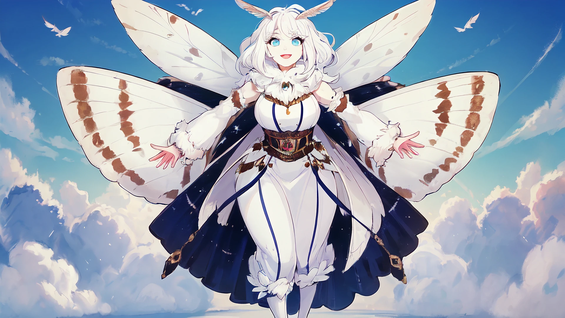 (masterpiece, best quality, ultra-detailed, best shadow), (detailed background, full body, wide shot, sky, clouds, flying, smiling, open mouth, outstretched arms, looking at viewer, ), (beautiful detailed face, feminine features), (best illumination), ((cinematic light)), colorful, hyper detail, dramatic light, intricate details, (mothgirl, white hair, blue eyes, neck fur, white moth wings, casual outfit ) <lora:mothgirl:0.8>
