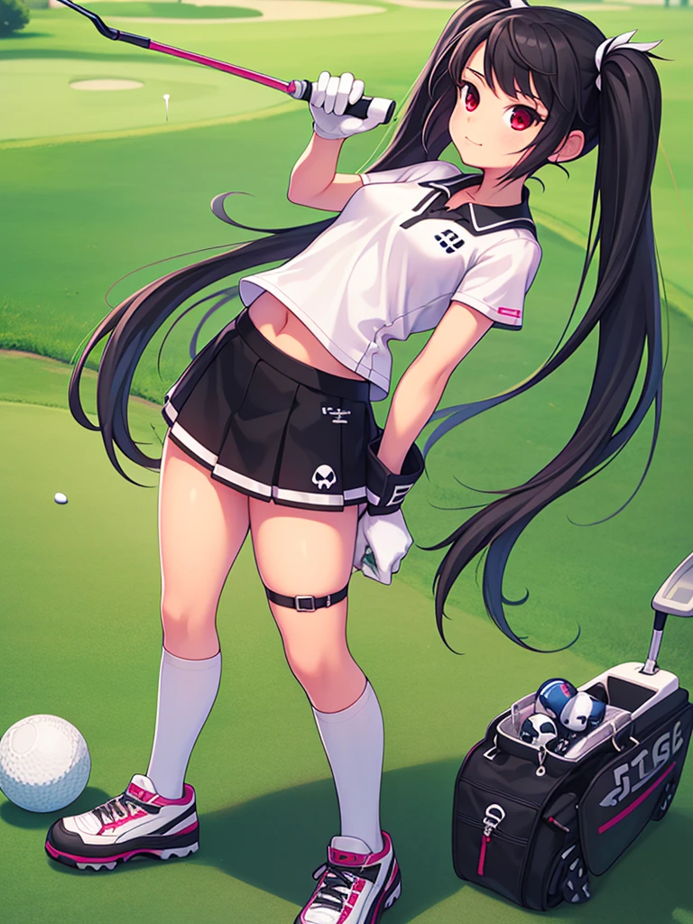 masterpiece, best quality, 1girl, solo, full body, long twintails, small breasts, (black_hair:1.5),, red eyes,, skirt, polo shirt, leaning on a golf club, golfing gloves, (small_girl, young:1.5), <lora:SeeDark_Style_V9-000007:0.8>, outdoors, golf course, thigh-highs, facing viewer, midriff, skull hairpin, golf bag,
