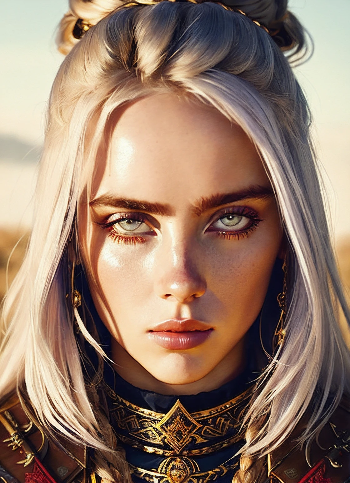 modelshoot style, A stunning intricate full color portrait of (35 years old sks woman:1) as (viking warrior), (barbarian), epic character composition, by ilya kuvshinov, alessio albi, nina masic, sharp focus, natural lighting, subsurface scattering, f2, 35mm, film grain, <lora:locon_billie_v1_from_v1_64_32:1.3>