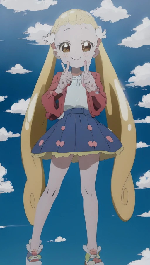 (masterpiece), best quality, (cel anime), highest quality, ((high detail:1.2)), (HDR), (cinematic light:1.1), highres, (fingers 5 fingers),(little girl), (ultimate cute girl), (makihatayama_hana), 1girl, solo, (full body), blonde hair, long hair, hair intakes, brown eyes, dot nose, (hanacasual:1.5), (model pose), shade, anime keyvisual,(smile),<lora:hana_makihatayama_v2:0.8>,blue sky, park