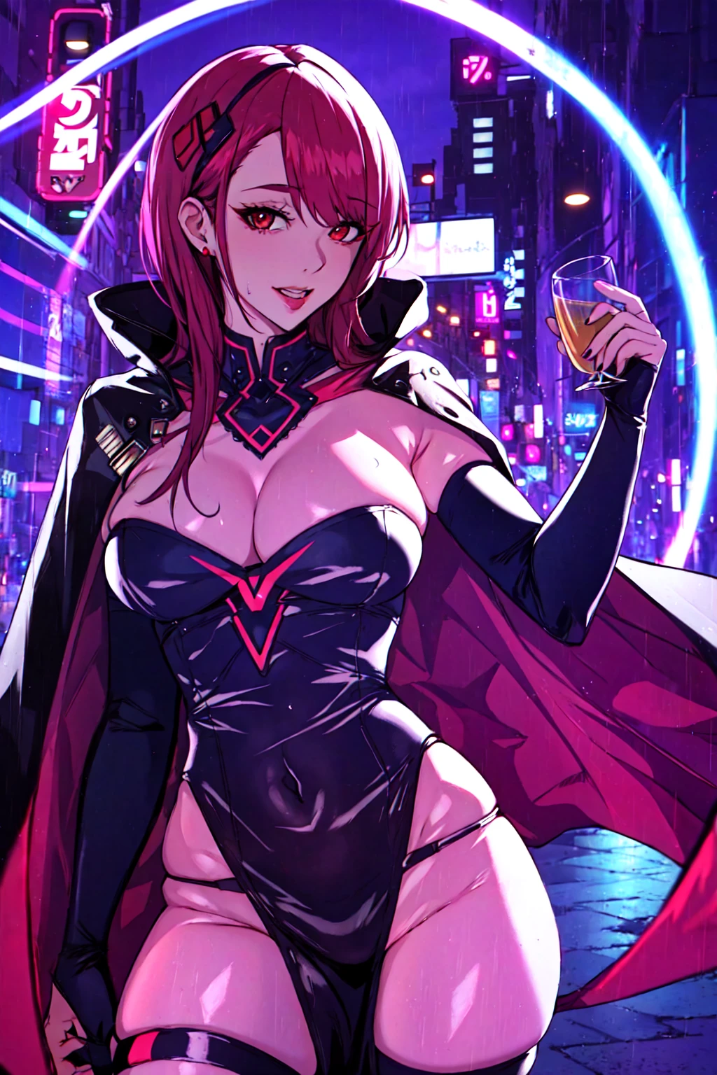 masterpiece, best quality,1girl,city, neon lights, ,looking at viewer, large breasts, red eyes,dress,cape, <lora:Neno:1>