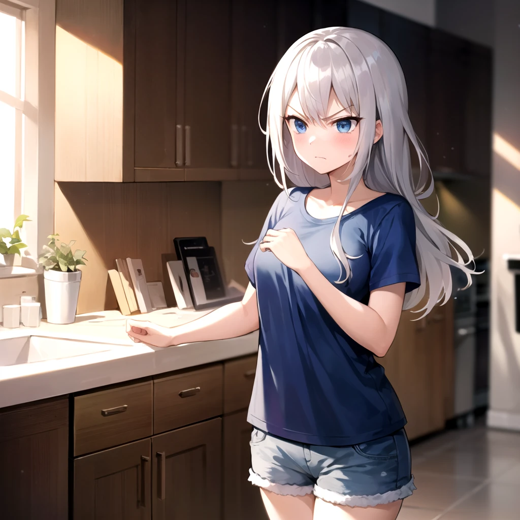 2d, masterpiece, best quality, anime, highly detailed, upper body, 1girl, solo, shirogane kei, grey hair, long hair, (blue t-shirt), shorts, standing, indoors, kitchen, angry, closed mouth<lyco:loveiswar-10:1>