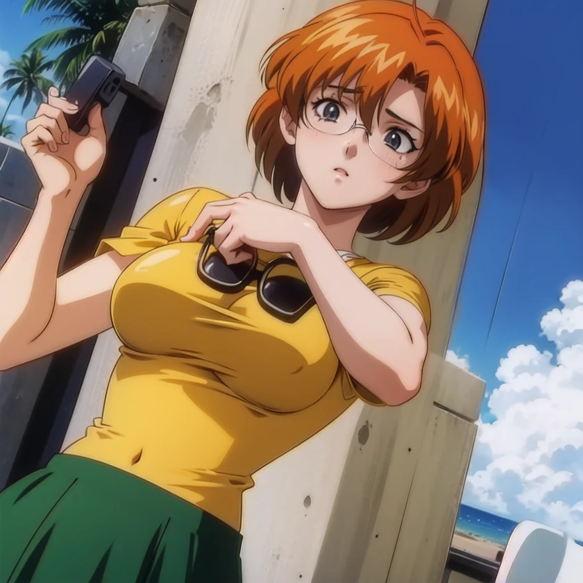 <lora:aikastylev1:0.9> , 1girl, masterpiece, best quality, extremely detailed 8K wallpaper, skin tight, ultra detailed, volumetric lighting, light, best anatomy, detailed eyes, beautiful eyes, best shadow, ultra detailed, retro artstyle, 1990s (style), anime screencap , screencap , green plated skirt, tight yellow shirt, short hair, red hair, blown eyes, glasses, green skirt, beach, sand, palm trees, town
