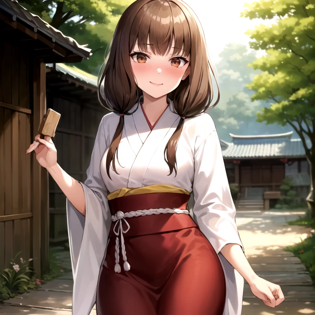 2d, masterpiece, best quality, anime, highly detailed, cowboy shot, 1girl, solo, iino miko, brown hair, brown eyes, low twintails, white kimono, forest, east asian architecture, nose blush, smile <lyco:love is war:1>