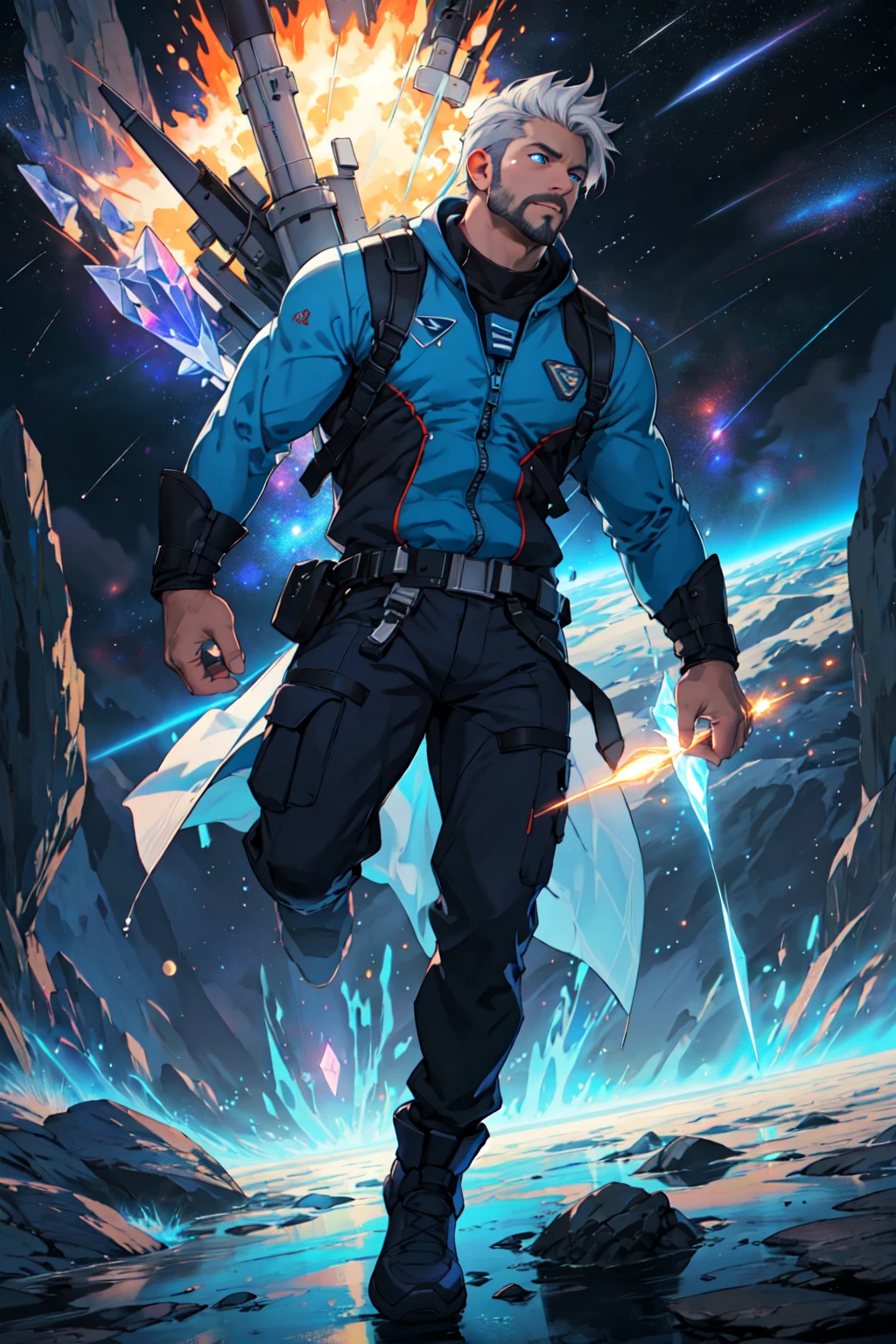 Best quality, masterpiece, ultra high res,detailed background,realistic,pixel art,1man,solo,male,mature,bara,muscular,short hair,facial hair,wizard,full body,(horrible atmosphere), Tindal effect,absurdity, blue flame, plasma, particle effects, crystal clear texture,star_\(sky\), space,starry_sky,blue_eyes, galaxy, solo,illumination,light,dynamic angle,depth of field,