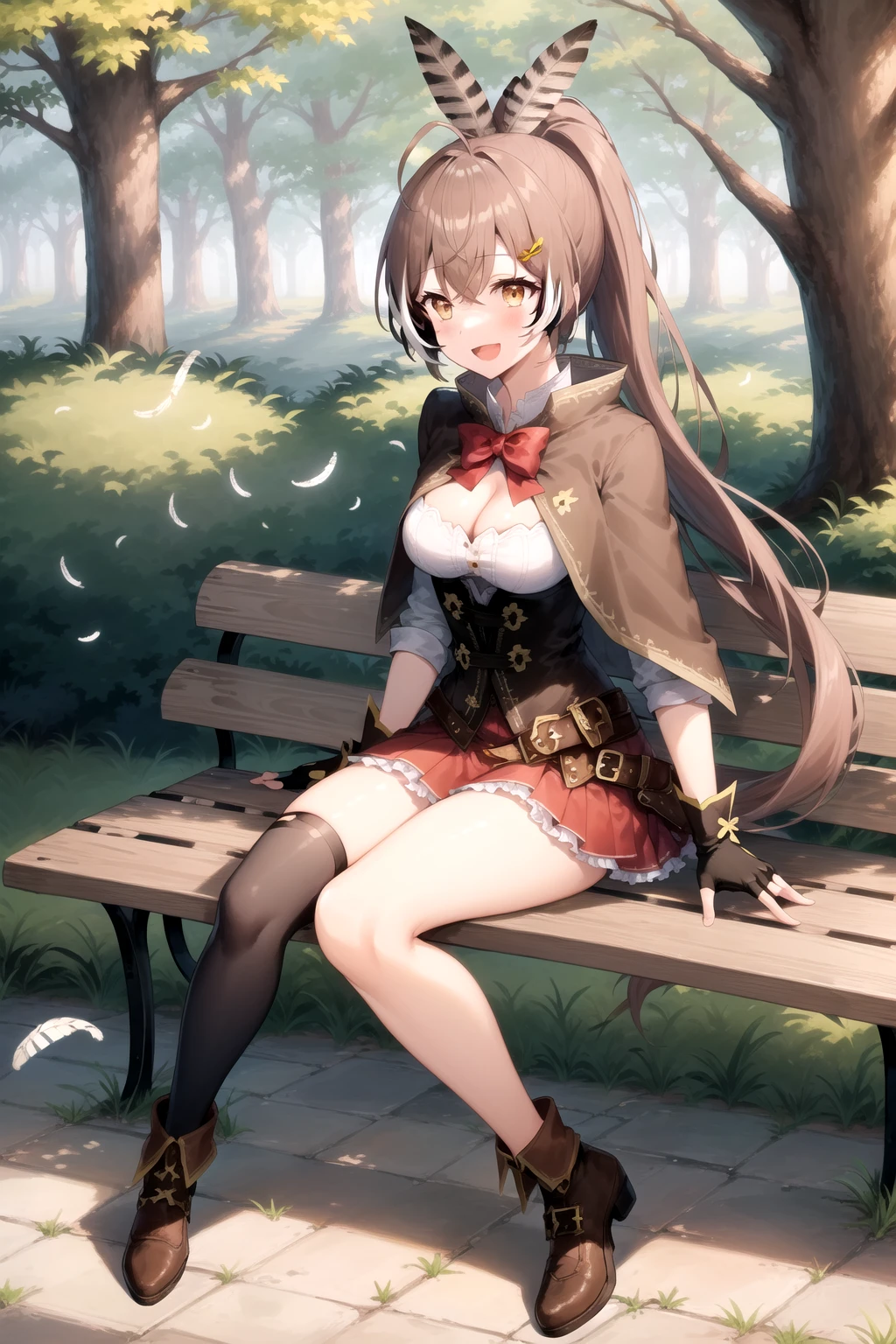 A woman, young age girl, mansion, garden, would be, angry, sobbing, crossing arms, sitting, bench, crossing legs, hourglass shaped body, shapely legs, medium breasts, medium hip, small waist, long hair, light brown hair, olive green eyes, almond eyes, casual wear, mini skirt, mini skirt with flower patterns, pleated mini skirt, thigh-high stockings, stockings held up by garters, stockings with diamond patterns, blouse, blouse with lace, neckline, blouse with butterfly patterns, patent leather shoes, medium heels,