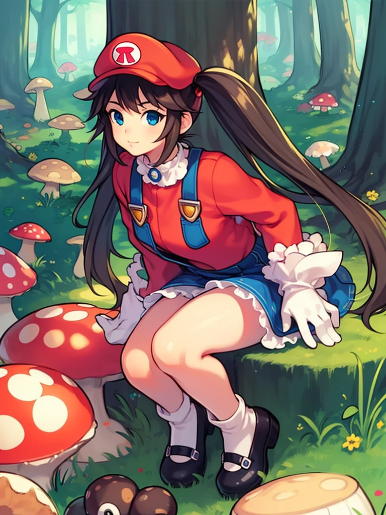 masterpiece, best quality, 1girl, solo, <lora:superMarioLora_genesis:0.5>, supermario, red cap,, red shirt,, blue overalls,, blue frilly skirt,, white socks,, black mary janes,, brown hair,, long twin tails, white gloves,, sitting on a giant mushroom, mushroom forest, <lora:SeeDark_Style_V9-000007:0.8>,