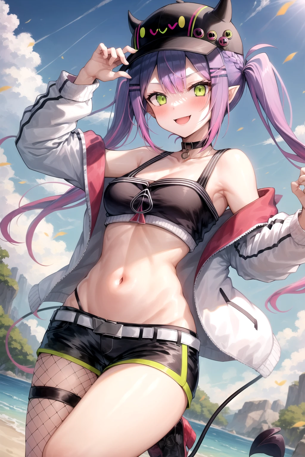 1girl, solo, (tokoyami towa) , green eyes, multicolored hair, purple hair, pink hair, twintails, demon tail, black crop top, white jacket, bare shoulders, black shorts, black headwear, baseball cap, midriff, choker, uneven legwear, fishnet pantyhose, BREAK cowboy shot, outdoors, dynamic pose, pointy ears, smile, blush, bibi \(tokoyami towa\)