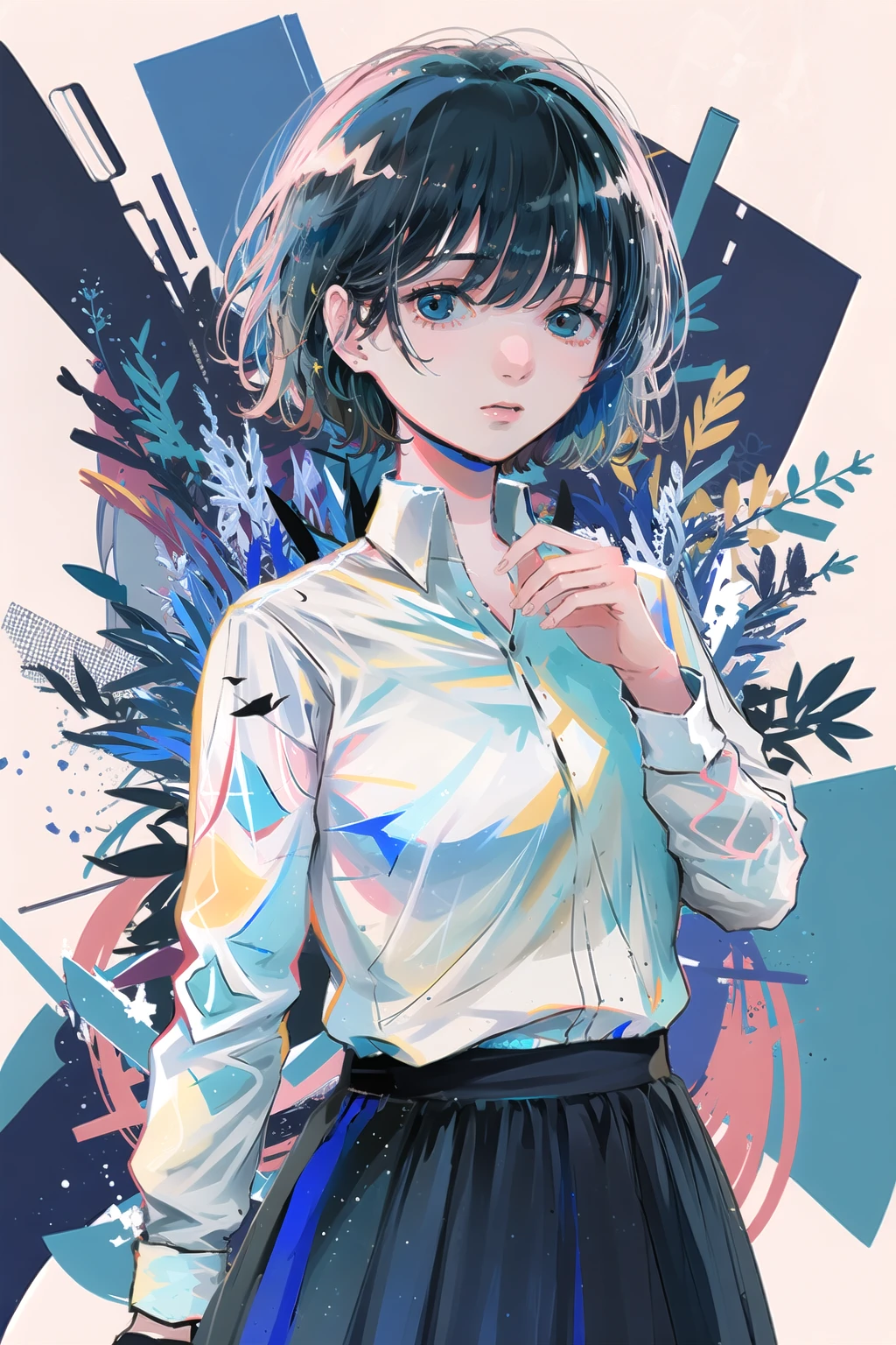 blue theme,Ultramarine, 1girl, solo, looking at viewer, shirt, short hair, collared shirt, white shirt, skirt, blue hair, bangs<lora:Ultramarine:1>