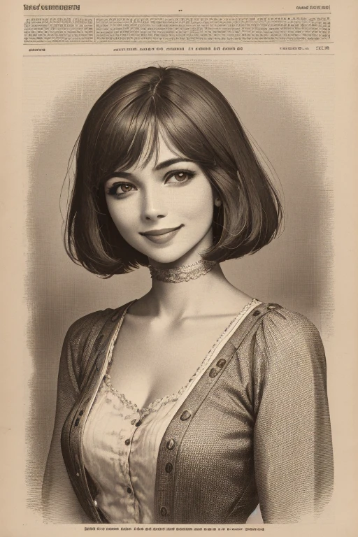 (masterpiece), (best quality), (detailed), (highres), <lyco:npzw-05:1.0>, npzw, (text:1.1), monochrome, sepia, upper body, woman, bob cut, smile