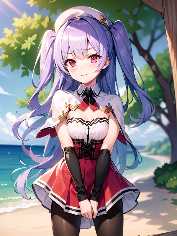 (ultra detailed),(masterpeace),(best quality),(photorealistic), beautiful lighting, CG,(colour:1.2),solo,outdoor,beach, standing,ajax,Light purple hair, red eyes,Two side up, long hair,white beret,sleeveless blouse,(arm cover:1.2), long sleeves,(pantyhose:1.3),(red high waist skirt),red corset,white capelet,,barrette,loafers,<lora:ajax_V3:1.1>