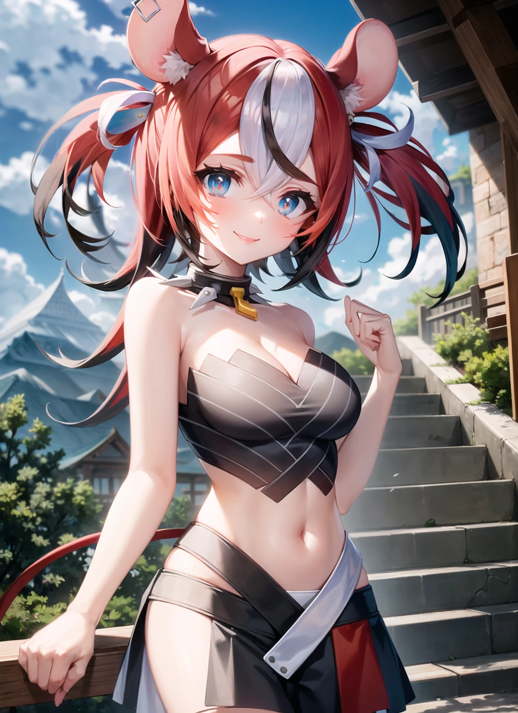 <lyco:hakosbaelz2-000007:1.0>, hakosblk, upper body, smile, blush, outdoors, day, simple background, blue sky, sky, temple, looking at viewer, stairs, mountain, moody lighting, facing viewer,