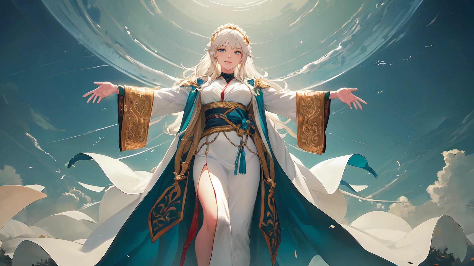 (masterpiece, best quality, ultra-detailed, best shadow, painting, realistic), (detailed background, full body, from below, wide shot, sky, floating, aura, smile, outstretched arms, looking at viewer), (beautiful detailed face, feminine features, mature face), (best illumination), ((cinematic light)), colorful, hyper detail, dramatic light, intricate details, (woman named Aestaria, (white hair | blonde hair), teal eyes, silk robes, long hair, greek robes, goddess)