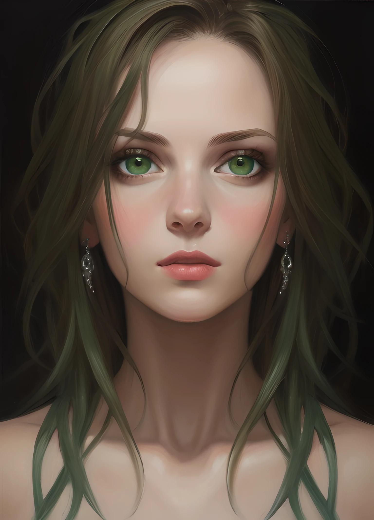 1girl, portrait, oil painting, modern, realistic proportions, dark green eyes, beautiful face, symmetrical face, symmetrical eyes, dynamic pose, intricate, intricate details, sharp focus