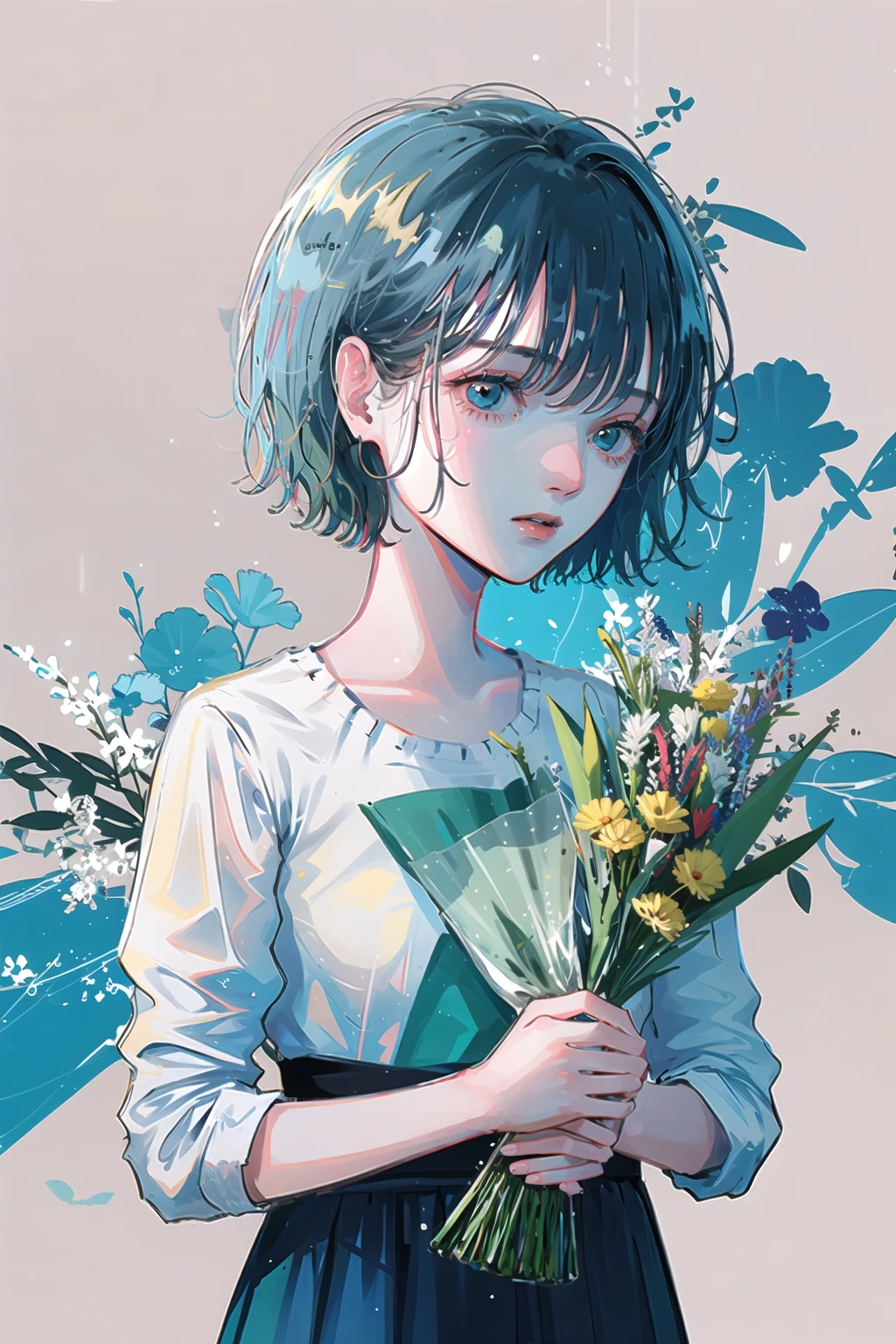 blue theme,Ultramarine, solo, short hair, flower, shirt, bouquet, white shirt, upper body, 1girl, skeleton <lora:Ultramarine-000018:1>