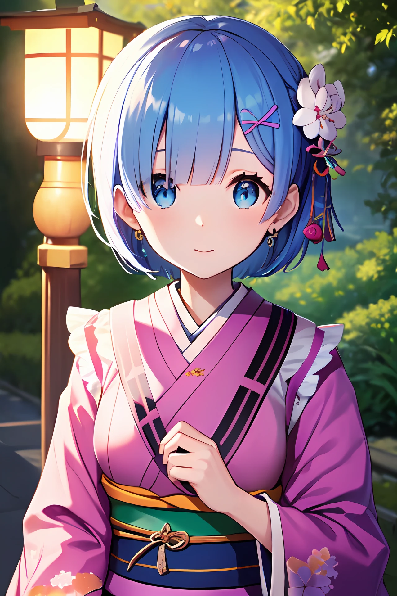 <lora:rem-t1-000006:0.8>, (masterpiece:1.6, best quality), (finely detailed beautiful eyes: 1.2), ph_rem, remhd, 1girl, blue hair, solo, blue eyes, , maid, (kimono:2.0),  japanese clothes, outdoors, jewelry, purple eyes, earrings, breasts, torii,  cherry blossoms, lantern light,  east asian architecture,